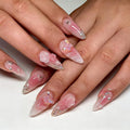 3D Pink Press on Nails Almond Medium French Tip Fake Nails with Embossed Flower Rose Butterfly&Charm Designs Glossy Finish Reusable False Nails 24Pcs Nail Kit for Women Manicure(3D Embossed design 2) - color: 3D Embossed design 2