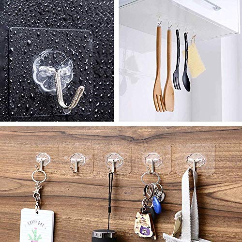 Transparent Adhesive Hooks 30 lb(Max), Waterproof & Oilproof Reusable Seamless Hooks, Heavy Duty Wall Hook for Kitchen Bathroom Office (20), (20hook), 2.36