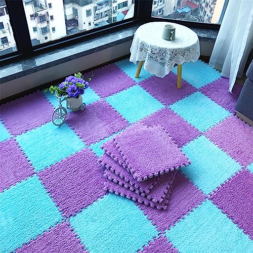 12pcs Tiled Puzzle Play Mats Interlocking Shaggy Soft EVA Foam Mats Protective Floor for Children Kids Room Home Parlor Bedroom Purple - color: Purple
