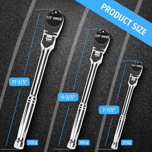 PRIDE&CRAFT 3pc Flex Head Ratchet Wrench Set, 1/4", 3/8", 1/2" Drive, 72-Tooth, Socket Wrench Quick Release Reversible Design, Chrome Alloy Made, EVA Organizer - style: 3pc Flex Head