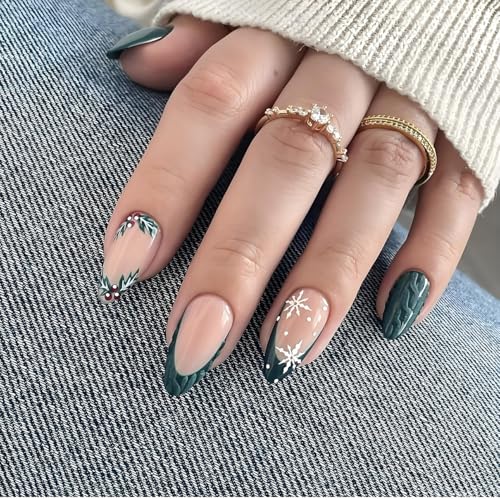 LPOODDNU Christmas Press on Nails Almond - Green French Tip Medium Fake Nails with Snowflake Designs, Glossy Finished Reusable False Nails with Adhesive Glue Tabs - 24Pcs Nail Kit for Women Manicure - color: green french christmas