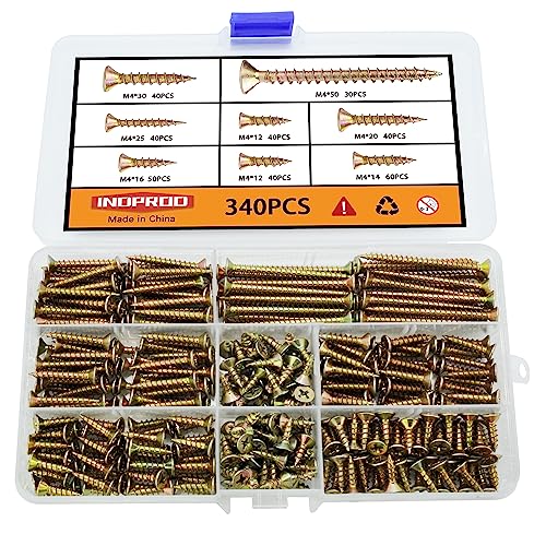 M4 Flat Head Wood Screws Assortment Kit 340 Pcs,Phillips Drive Countersunk Flat Head Self-Tapping Wood Screws,Yellow Zinc Plated Finish Screw Kit,Self Tapping Screws for Metal,Full Thread - style: M4 340PCS