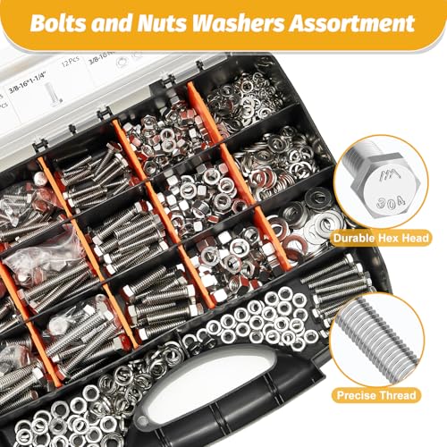 KADRICK 744PCS Stainless Steel Hex Bolt Kit,Size SAE 1/4-20 5/16-18 3/8-16 - size: 744Pcs SAE HEX Stainless