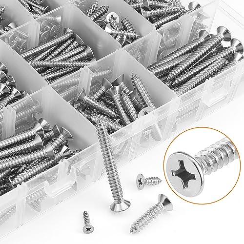 525 Pieces #4#6#8#10#12 Wood Screws Set, HELIFOUNER 16 Sizes Phillips Countersunk Head Self-Tapping Screws Assortment Kit, Phillips Flat Head Wood Screws, 304 Stainless Steel - size: #4#6#8#10#12