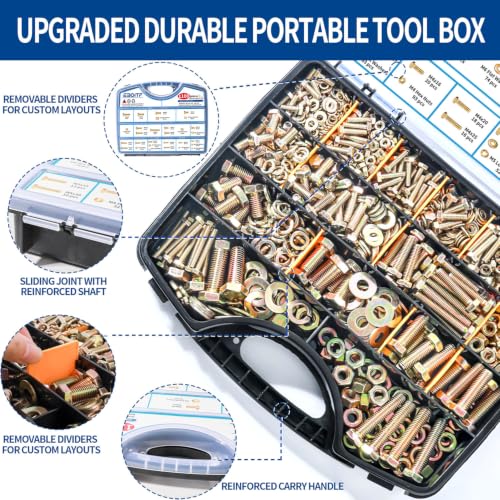 1100cs Grade 8.8 Metric Bolts and Nuts Assortment Kit, M4, M5, M6, M8, M10 Heavy Duty Hex Bolts and Nuts Kit, Assorted Nuts, Bolts, Flat & Lock Washers, Yellow Zinc Plated, Length from 12-40 mm - size: 1100PCS M4, M5, M6, M8, M10