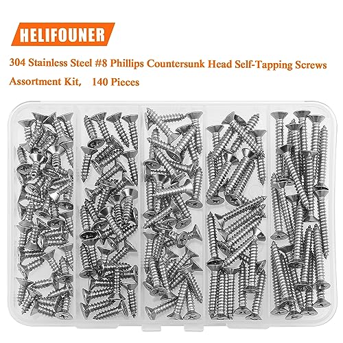 #8 x 1/2" 5/8" 3/4" 1" 1-1/4" Wood Screws Set, HELIFOUNER 140 Pieces Phillips Countersunk Head Self-Tapping Screws Assortment Kit, Phillips Flat Head Wood Screws, 304 Stainless Steel - size: #8
