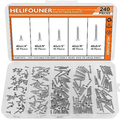 #2 x 1/4" 3/8" 1/2" 5/8" 3/4" Wood Screws Set, HELIFOUNER 240 Pieces Phillips Countersunk Head Self-Tapping Screws Assortment Kit, Phillips Flat Head Wood Screws, 304 Stainless Steel - size: #2