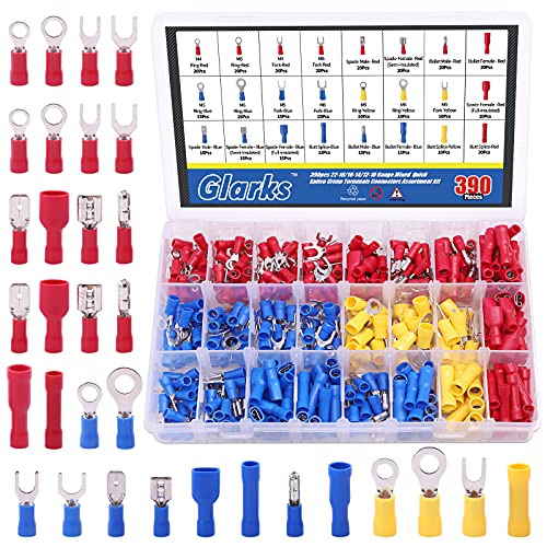 Glarks 355pcs 22-16/16-14/12-10 Gauge Mixed Quick Disconnect Electrical Insulated Butt Bullet Spade Fork Ring Solderless Crimp Terminals Connectors Assortment Kit