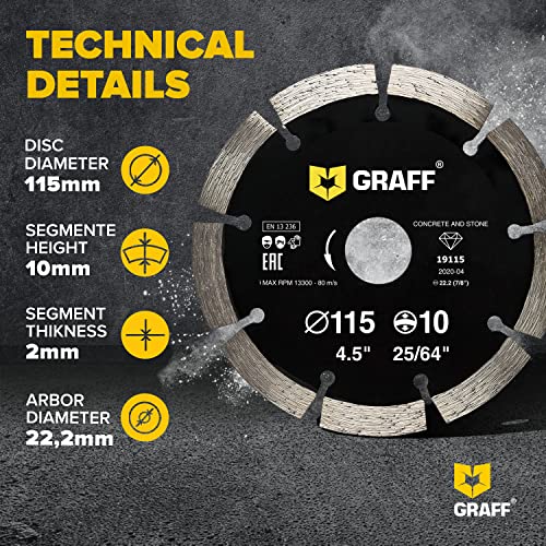 4 1/2 Inch Diamond Blade for Angle Grinder — Diamond Cutting Wheel for Cutting Stone, Marble, Granite, Brick, Masonry, Paving Flag, Concrete — Diamond Saw Blades Segment Height 0.394” (10 mm) — GRAFF - size: Ø 4 ½ Inch Segment, style: Diamond Segment Blad