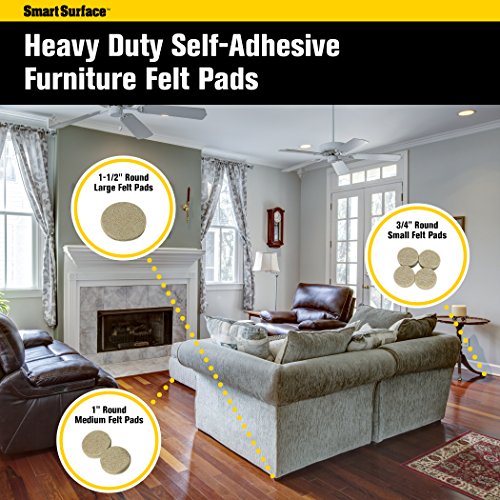 Smart Surface 8850 Heavy Duty Self Adhesive Furniture Felt Pads 3/4-Inch, 1-Inch & 1-1/2-Inch Round Oatmeal 144-Piece Value Variety Pack in Resealable Bag
