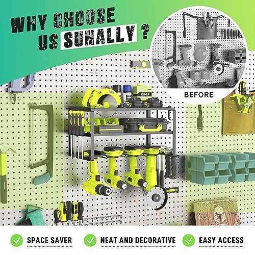 SUNALLY Power Tool Organizer, Heavy Duty Iron, 3 Layers Storage Rack with 4 Drill Holders, Floating Tool Shelf Wall Mounted, Matte Black, Work Shop, Garage, 150Lbs Load Capacity - style: 4 Drill Holders A