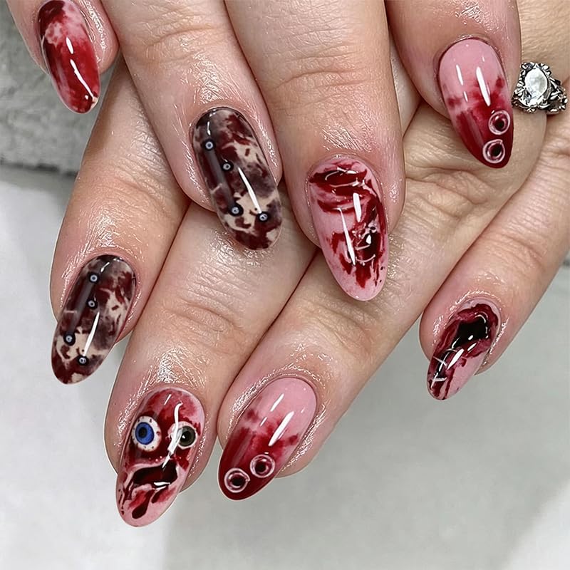 Halloween Press on Nails Almond - Medium Tip Fake Nails with Terrifying Eyes Designs,Glossy Finish Reusable False Nails for Women Manicure(3D Embossed design 13) - color: 3D Embossed design 13