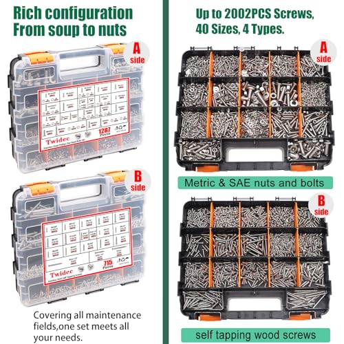 Twidec/2002PCS 304 SS Nuts And Bolts Assortment Kit And Self TappingScrew - color: Silver SS 2002PCS#4#6#8#10#1/4#3/8#5/16M3M4M5M6M8