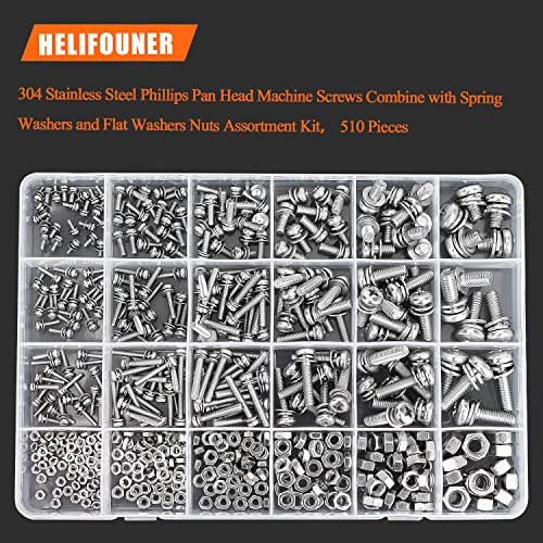HELIFOUNER 510 Pieces Phillips Pan Head Machine Screws Nuts Washers Assortment Kit, Stainless Steel 304, Full Thread (M2 M2.5 M3 M4 M5 M6) - size: M2 M2.5 M3 M4 M5 M6