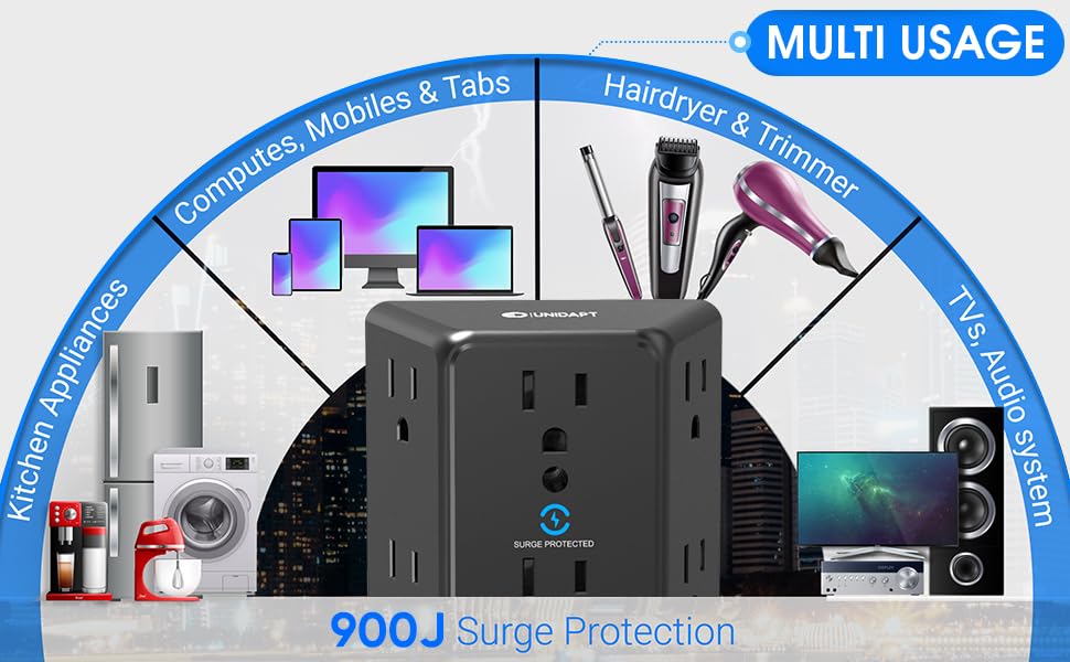 Unidapt 6 Outlet Wall Plug Extender, Surge Protector Power Strip, 1-Pack | 900 Joules, 3 Sided Wide Spaced Outlets, Mountable Wall Tap Multi Plug Charger Expander for Home, Office and Travel - style: 1-Pack