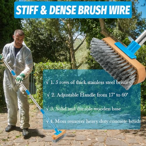 YONILL Stainless Steel Deck Scrub Brush with 60" Long Handle for Concrete - color: Blue