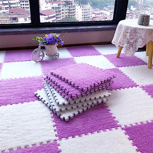 12pcs Tiled Puzzle Play Mats Interlocking Shaggy Soft EVA Foam Mats Protective Floor for Children Kids Room Home Parlor Bedroom Purple - color: Purple