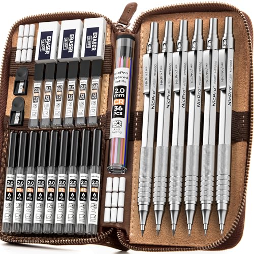 Nicpro 30PCS Silver Metal Mechanical Pencils Set in Leather Case - color: Silver