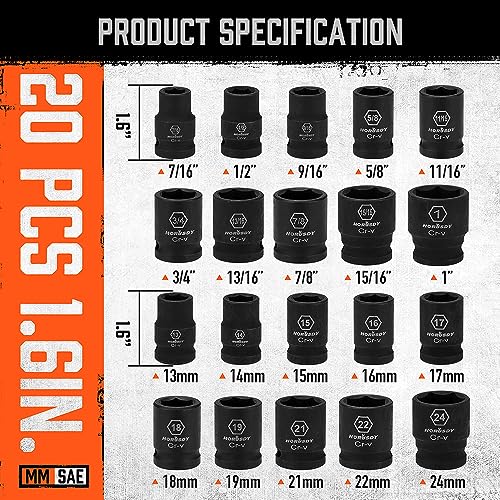 HORUSDY 1/2" Drive Shallow Impact Socket Set, 24-Piece SAE (7/16"-1") and Metric (13-24mm), 6 Point, Cr-V, Includes 1/2-Inch Drive Ratchet Handle, Drive Extension Bar - color: 24 Pcs Orange