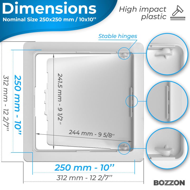 BOZZON Access Panel for Drywall - 10 x 10 in - Wall Hole Cover - Access Door - Plumbing Access Panel for Drywall - Heavy Durable Plastic White - size: 10 x 10