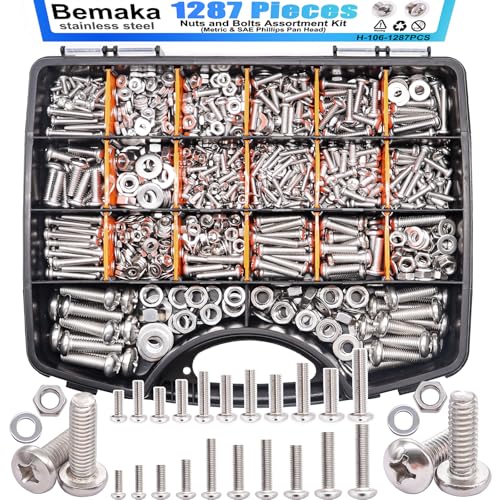 1287Pcs Nuts and Bolts Assortment Kit, 304 Stainless Steel Bolts Machine Screws Hardware Assortment Kit, Metric & SAE Phillips Pan Head Screws, Assorted Bolts, Nuts and Washers Kit - size: 1287PCS