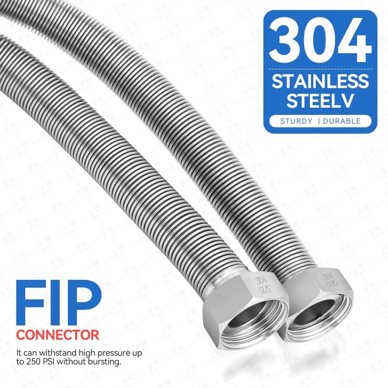 60 Inch Flexible Stainless Steel Corrugated Water Heater Connector Hose,3/4" FIP x 3/4" FIP,304 Stainless Steel Leak-Proof Flexible Line for Tankless Water Heater,Water Softener,RV,Boiler(2PCS)