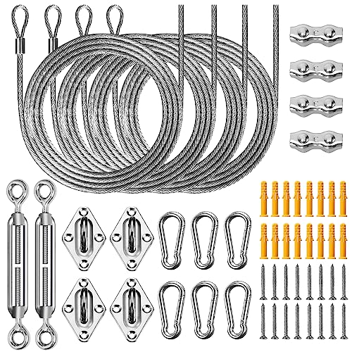 UIRWAY Shade Sail Hardware Winch Set Kit, 60Pcs Stainless Steel Hardware Kit for Rectangle Triangle Canopy, Heavy Duty Anti-Rust Hardware Kit Set for Outdoor Garden Patio(Ratchet Winch +304 Wire Rope) - size: 60 pcs - Ratchet Winch