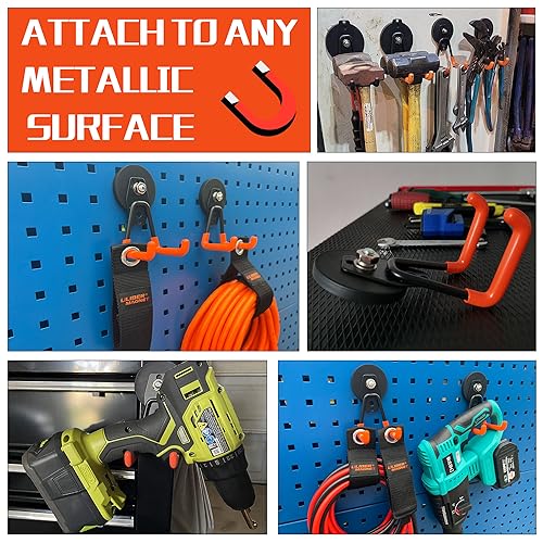 ULIBERMAGNET Heavy Duty Large Garage Magnet Hooks, 3 Pack Strong Storage Utility Magnetic Hooks with Anti-Slip Coating for Pegboard,Garage Shelve Hanging (Orange) - style: 2.59INCH 3PACK Orange Medium Hooks