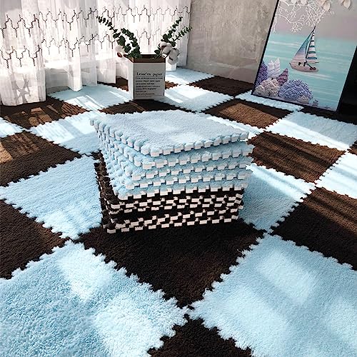 12pcs Tiled Puzzle Play Mats Interlocking Shaggy Soft EVA Foam Mats Protective Floor for Children Kids Room Home Parlor Bedroom(Lightblue) - color: Lightblue