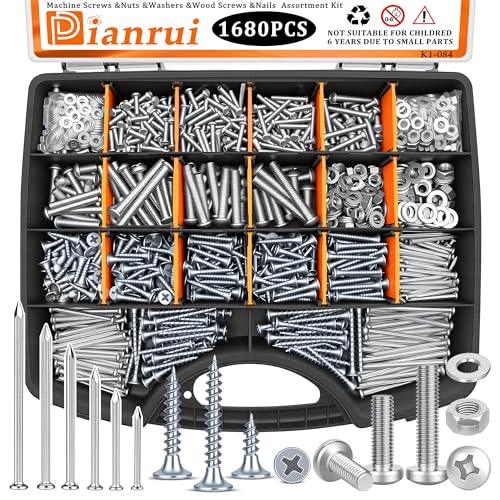 Dianrui 1680 PCS Nails and Screws Assortment Kit & Screw Bolts and Nuts, M3/M4/M5/M6 Machine Screws, Small Nails for Picture Hanging, #6#8 Drywall Screw Set for DIY Repair Project Length 1/2" to 2" - color: Silver, size: 1680PCS