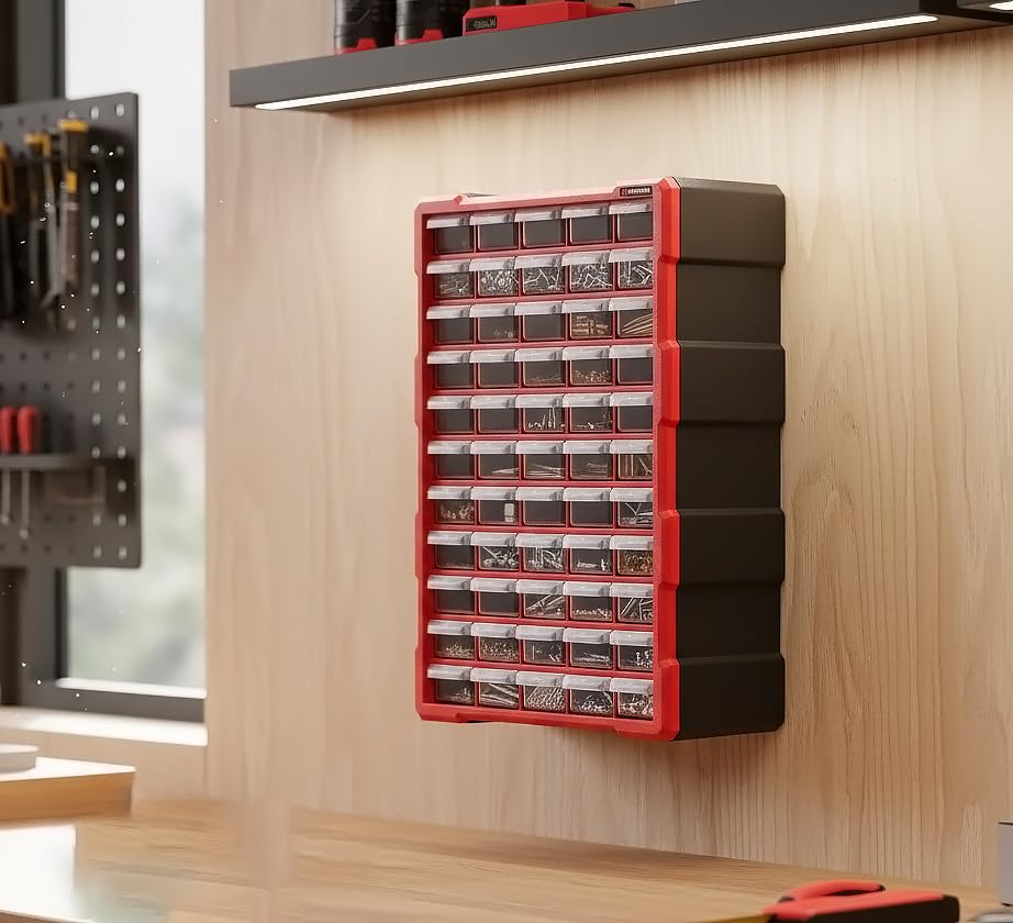 INTERTOOL Small Parts Organizer for Hardware & Screws | 60 Removable Bins with Dividers | Wall Mount or Desktop Craft & Lego Storage Cabinet | 19” x 15” x 6” BX08-4016 - style: 60 Drawers