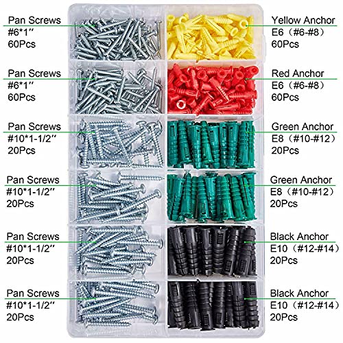 T.K.Excellent Plastic Drywall Anchors and Screws Kit, Ribbed Anchors Assortment Screws Kit, Wall Anchor Kit 400Pcs
