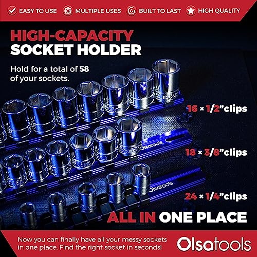 Olsa Tools 3-sets Socket Organizer Rail with Locking Caps, Blue - color: Blue, size: 3pc, 1/4, 3/8, & 1/2-Inch Drive
