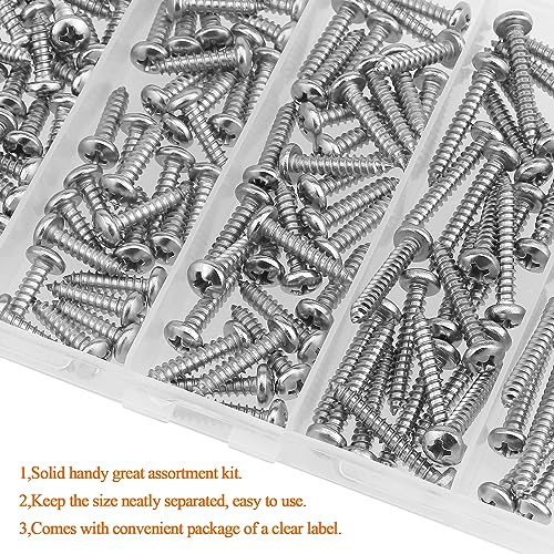 #7 x 1/2" 5/8" 3/4" 1" 1-1/4" Wood Screws Set, HELIFOUNER 145 Pieces Phillips Pan Head Self-Tapping Screws Assortment Kit, Phillips Pan Head Wood Screws, 304 Stainless Steel - size: #7