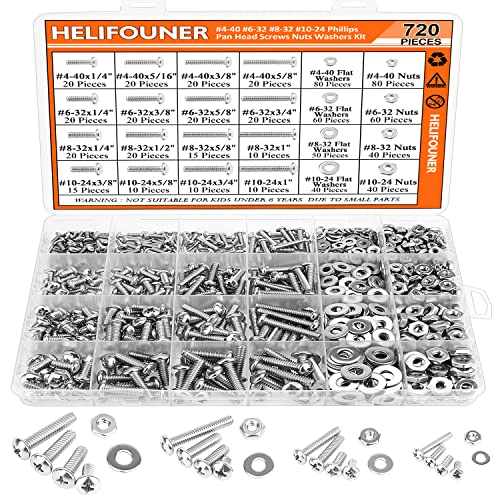 HELIFOUNER 720 Pieces #4-40#6-32#8-32#10-24 Phillips Pan Head Machine Screws Nuts Washers Assortment Kit, Coarse Thread, Fully Machine Threaded, 304 Stainless Steel - size: #4-40 #6-32 #8-32 #10-24, style: Phillips Pan Head