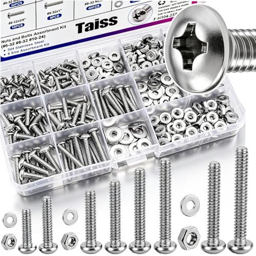 Taiss Machine Screws Nuts and Bolts Assortment Kit,304 Stainless Steel Bolts and Nuts Kit,#6-32#8-32#10-24 8 Sizes Phillips Pan Head Bolt and Nut & Washers,237PCS Machine Screw Assortment