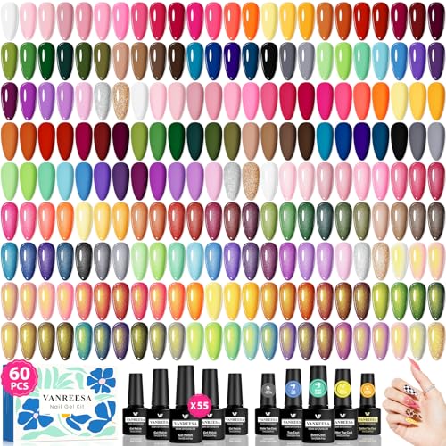 VANREESA 60 Pcs Gel Nail Polish Set, 55 Colors Gel Polish with Base Coat & 4 Effects Top Coat Full-Color Nail Polish Set All Seasons Nail Kit Gifts for Women Girls Nail Salon at Home - color: All Colors You Want