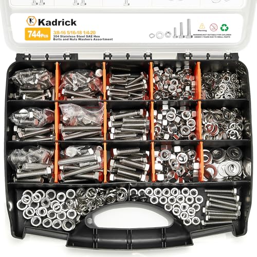 KADRICK 744PCS Stainless Steel Hex Bolt Kit,Size SAE 1/4-20 5/16-18 3/8-16 - size: 744Pcs SAE HEX Stainless