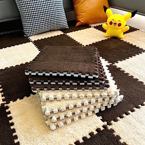 12pcs Tiled Puzzle Play Mats Interlocking Shaggy Soft EVA Foam Mats Protective Floor for Children Kids Room Home Parlor Bedroom(Brown) - color: Brown