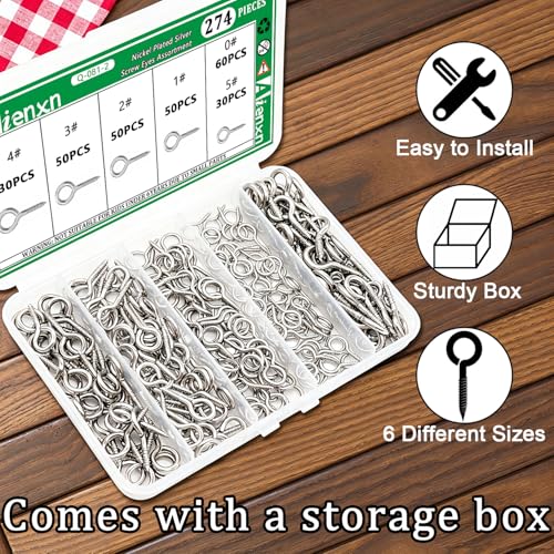 274PCS Silver Eye Screws Kit, 0# -5# Eyelet Screw for Wood - color: Silver, size: 0#-5#