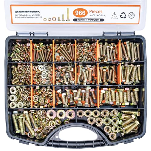 966PCS Nuts and Bolts kit– High-Strength M4 M5 M6 M8 Grade 8.8 Metric Bolts & Nuts Set with Organized Storage Case, 12-30mm - size: 966PCS Metric (M4, M5, M6, M8)