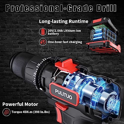 PULITUO Cordless Drill Set, 20V/2.0Ah Electric Power Drill, Torque 45N.m, 25+1 Torque Setting,1/2” Keyless Chuck, 2 Variable Speed Setting, with 43 PCS Bits, Storage Bag - style: ‎20v Drill Pro（Red）