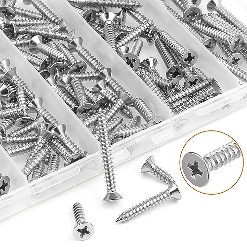 #7 x 1/2" 5/8" 3/4" 1" 1-1/4" Wood Screws Set, HELIFOUNER 160 Pieces Phillips Countersunk Head Self-Tapping Screws Assortment Kit, Phillips Flat Head Wood Screws, 304 Stainless Steel - size: #7