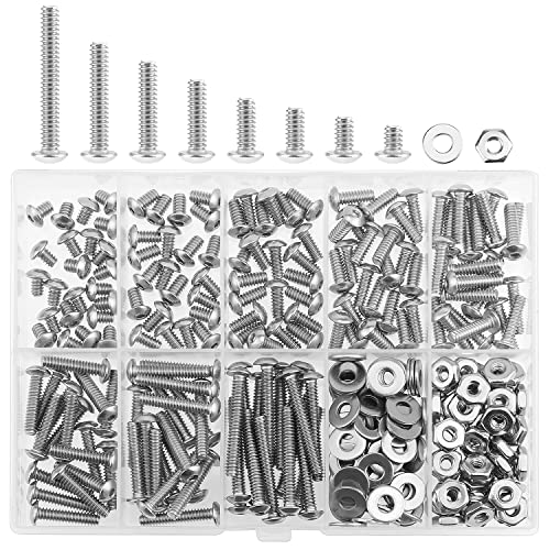 HELIFOUNER 250 Pieces #6-32 x 3/16" 1/4" 5/16" 3/8" 1/2" 5/8" 3/4" 1", Button Head Socket Cap Screws Bolts Washers Nuts Kit, Coarse Thread, Fully Machine Threaded, 304 Stainless Steel - size: #6-32, style: Button Head
