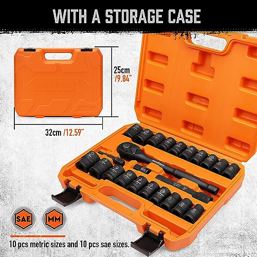 HORUSDY 1/2" Drive Shallow Impact Socket Set, 24-Piece SAE (7/16"-1") and Metric (13-24mm), 6 Point, Cr-V, Includes 1/2-Inch Drive Ratchet Handle, Drive Extension Bar - color: 24 Pcs Orange