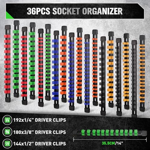 SWANLAKE 36-Piece Socket Organizer, 1/4-Inch x 192 Clips, 3/8-Inch x 180 Clips, 1/2-Inch x 144 Clip, Socket Holder Clip Rail, Drive Sockets Trays for Tool Box Drawer - style: 36 PCS