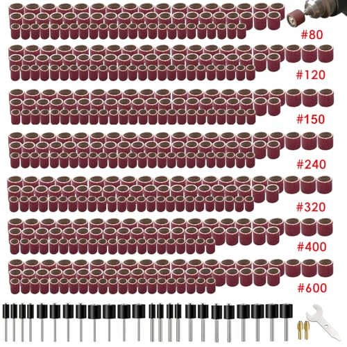 552 Pcs Sanding Drum Set, 504 Pcs 80 120 150 240 320 400 600 Grit Drum Sander Sleeves and 24 Pcs Drum Mandrels,2 Pcs Self-Tightening Drill Chuck and Combination Wrench for Rotary Tool - size: 513PCS
