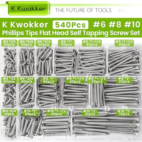 540Pcs #6#8#10 Self Tapping Screws Wood Screws Assortment Kit Phillips Tips Flat Head Drywall Screws, 17 Sizes Set Screw Assortment Kit, 304 Stainless Steel, Length 1/2" to 3", Silver - size: C. #6- #10