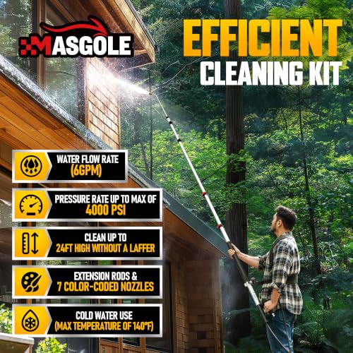 Pressure Washer Wand 24FT Telescoping with Pressure Washer Extension Wand, Gutter Cleaning Tools - Extension Pole, Brush Head, 7 Spray Nozzle Tips, Support Belt & Hose Adapters