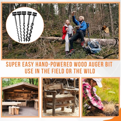 6 Pcs Hand Auger Wood Drill Wrench Set Bushcraft Gear Heavy Duty Steel Manual Survival Tools with Auxiliary Handle Bushcraft Tools for Camping, Outdoor, Hiking, Woodworking